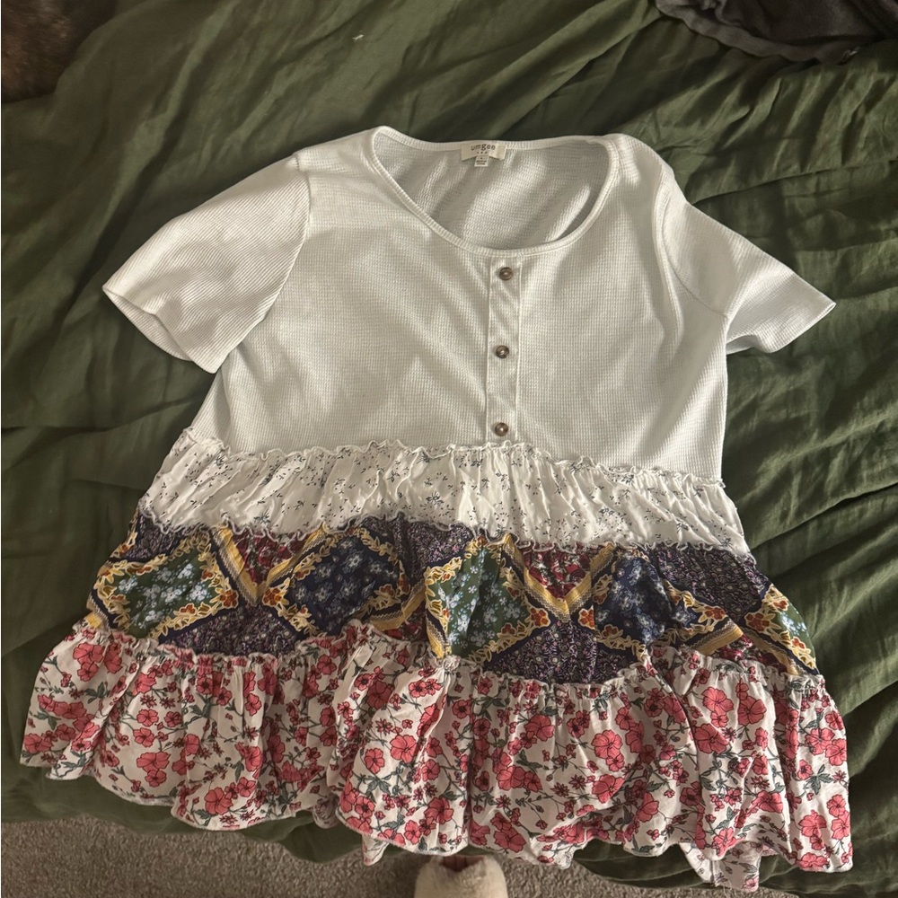 Umgee Patchwork Ruffle Mixed Media Knit Top